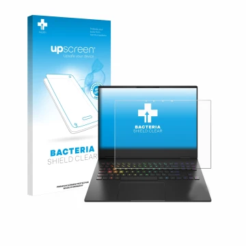 Parte frontale di una confezione del prodotto con il logo del marchio upscreen. Accanto è raffigurato il dispositivo HP Omen T