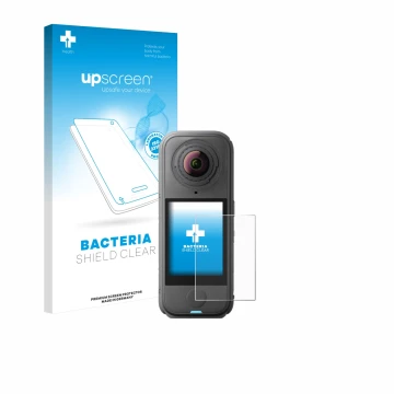 Parte frontale di una confezione del prodotto con il logo del marchio upscreen. Accanto è raffigurato il dispositivo Insta360 