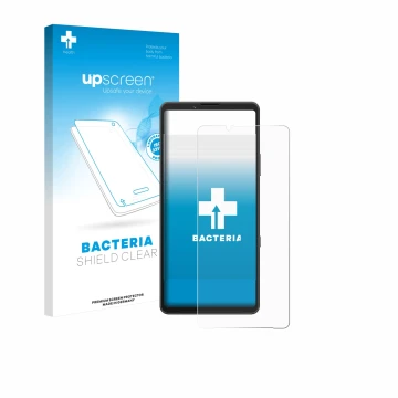 Parte frontale di una confezione del prodotto con il logo del marchio upscreen. Accanto è raffigurato il dispositivo Sony Xper