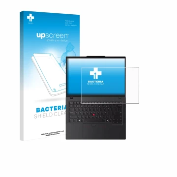 Parte frontale di una confezione del prodotto con il logo del marchio upscreen. Accanto è raffigurato il dispositivo Lenovo Th