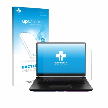 Parte frontale di una confezione del prodotto con il logo del marchio upscreen. Accanto è raffigurato il dispositivo ASUS ROG 