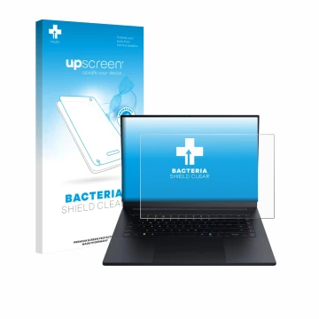 Parte frontale di una confezione del prodotto con il logo del marchio upscreen. Accanto è raffigurato il dispositivo Razer Bla