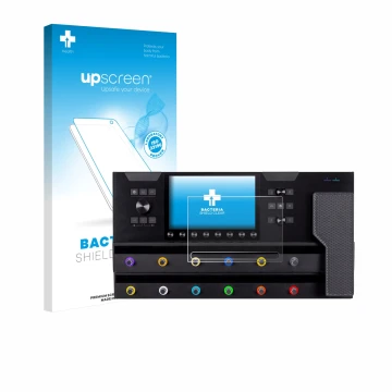 Parte frontale di una confezione del prodotto con il logo del marchio upscreen. Accanto è raffigurato il dispositivo Line 6 He