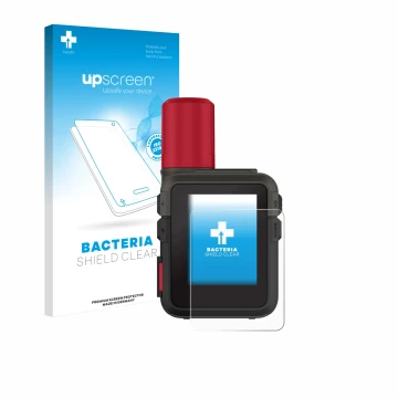 Parte frontale di una confezione del prodotto con il logo del marchio upscreen. Accanto è raffigurato il dispositivo Garmin in