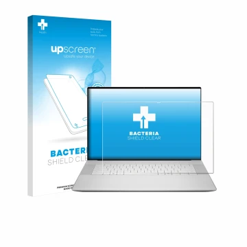 Parte frontale di una confezione del prodotto con il logo del marchio upscreen. Accanto è raffigurato il dispositivo Dell 16 P