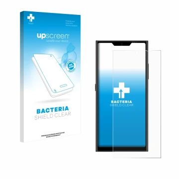 Parte frontale di una confezione del prodotto con il logo del marchio upscreen. Accanto è raffigurato il dispositivo Jolla Pho