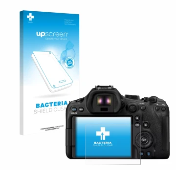 Parte frontale di una confezione del prodotto con il logo del marchio upscreen. Accanto è raffigurato il dispositivo Canon EOS