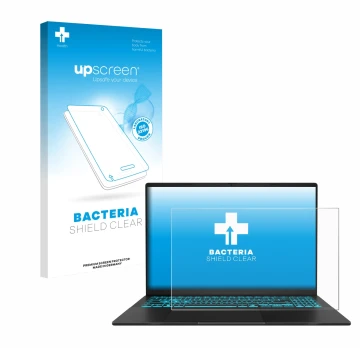 Parte frontale di una confezione del prodotto con il logo del marchio upscreen. Accanto è raffigurato il dispositivo ASUS V16 