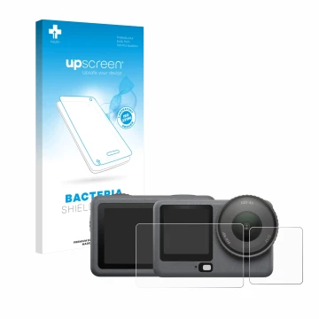 Parte frontale di una confezione del prodotto con il logo del marchio upscreen. Accanto è raffigurato il dispositivo DJI Osmo 