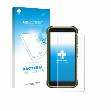 Parte frontale di una confezione del prodotto con il logo del marchio upscreen. Accanto è raffigurato il dispositivo Ulefone R