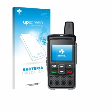 Parte frontale di una confezione del prodotto con il logo del marchio upscreen. Accanto è raffigurato il dispositivo Hytera PN