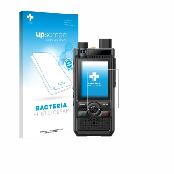 Parte frontale di una confezione del prodotto con il logo del marchio upscreen. Accanto è raffigurato il dispositivo Hytera P5