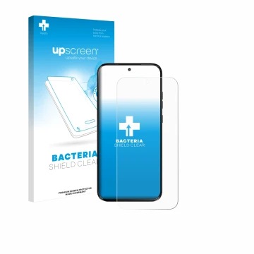 Parte frontale di una confezione del prodotto con il logo del marchio upscreen. Accanto è raffigurato il dispositivo Motorola 