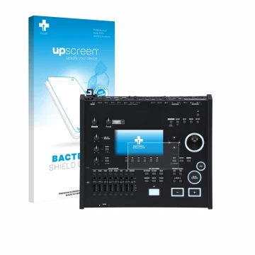 Parte frontale di una confezione del prodotto con il logo del marchio upscreen. Accanto è raffigurato il dispositivo Roland V7