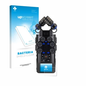 Parte frontale di una confezione del prodotto con il logo del marchio upscreen. Accanto è raffigurato il dispositivo Zoom H6 s