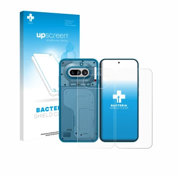 Parte frontale di una confezione del prodotto con il logo del marchio upscreen. Accanto è raffigurato il dispositivo Nothing P