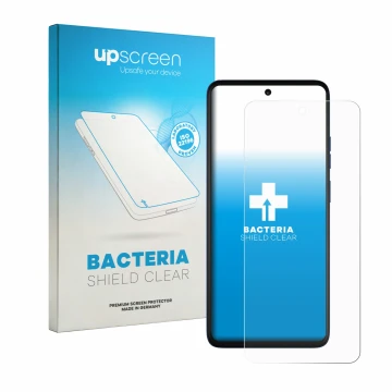 Parte frontale di una confezione del prodotto con il logo del marchio upscreen. Accanto è raffigurato il dispositivo Motorola 