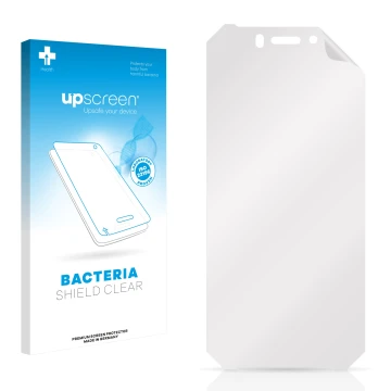 Parte frontale di una confezione del prodotto con il logo del marchio upscreen. Accanto si trova la protezione per lo schermo 