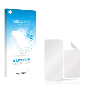 Parte frontale di una confezione del prodotto con il logo del marchio upscreen. Accanto si trova la protezione per lo schermo 
