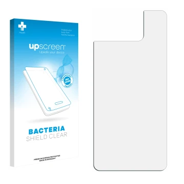 Parte frontale di una confezione del prodotto con il logo del marchio upscreen. Accanto si trova la protezione per lo schermo 