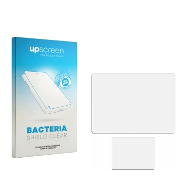 Parte frontale di una confezione del prodotto con il logo del marchio upscreen. Accanto si trova la protezione per lo schermo 