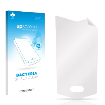 Parte frontale di una confezione del prodotto con il logo del marchio upscreen. Accanto si trova la protezione per lo schermo 