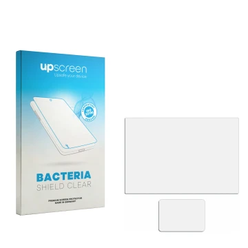 Parte frontale di una confezione del prodotto con il logo del marchio upscreen. Accanto si trova la protezione per lo schermo 