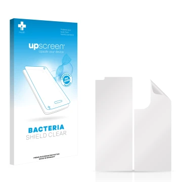 Parte frontale di una confezione del prodotto con il logo del marchio upscreen. Accanto si trova la protezione per lo schermo 