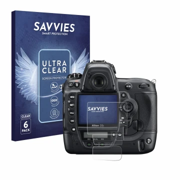 Parte frontale di una confezione del prodotto con il logo del marchio Savvies. Accanto è raffigurato il dispositivo Nikon D3S 