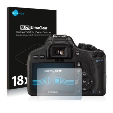 Parte frontale di una confezione del prodotto con il logo del marchio Savvies. Accanto è raffigurato il dispositivo Canon EOS 