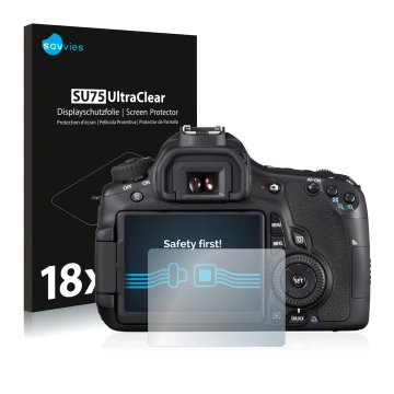 Parte frontale di una confezione del prodotto con il logo del marchio Savvies. Accanto è raffigurato il dispositivo Canon EOS 