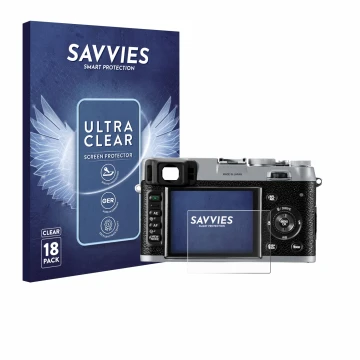 Parte frontale di una confezione del prodotto con il logo del marchio Savvies. Accanto è raffigurato il dispositivo Fujifilm F
