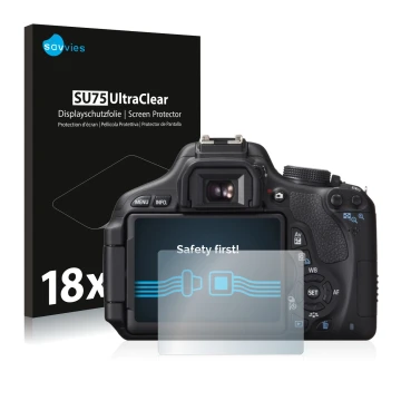 Parte frontale di una confezione del prodotto con il logo del marchio Savvies. Accanto è raffigurato il dispositivo Canon EOS 