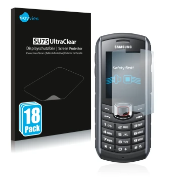 Parte frontale di una confezione del prodotto con il logo del marchio Savvies. Accanto è raffigurato il dispositivo Samsung GT