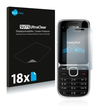 Parte frontale di una confezione del prodotto con il logo del marchio Savvies. Accanto è raffigurato il dispositivo Nokia C2-0