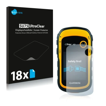 Parte frontale di una confezione del prodotto con il logo del marchio Savvies. Accanto è raffigurato il dispositivo Garmin eTr