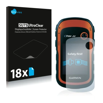 Parte frontale di una confezione del prodotto con il logo del marchio Savvies. Accanto è raffigurato il dispositivo Garmin eTr