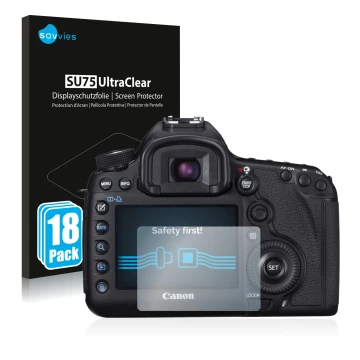 Parte frontale di una confezione del prodotto con il logo del marchio Savvies. Accanto è raffigurato il dispositivo Canon EOS 