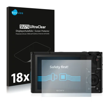 Parte frontale di una confezione del prodotto con il logo del marchio Savvies. Accanto è raffigurato il dispositivo Sony Cyber