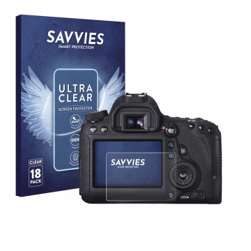 Parte frontale di una confezione del prodotto con il logo del marchio Savvies. Accanto è raffigurato il dispositivo Canon EOS 