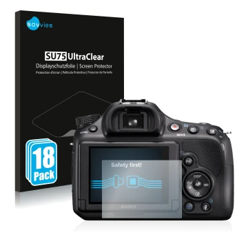 Parte frontale di una confezione del prodotto con il logo del marchio Savvies. Accanto è raffigurato il dispositivo Sony Alpha