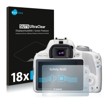 Parte frontale di una confezione del prodotto con il logo del marchio Savvies. Accanto è raffigurato il dispositivo Canon EOS 