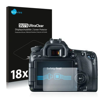 Parte frontale di una confezione del prodotto con il logo del marchio Savvies. Accanto è raffigurato il dispositivo Canon EOS 