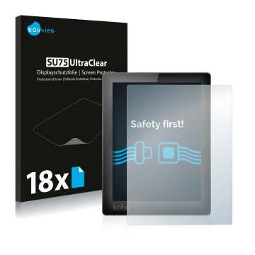 Parte frontale di una confezione del prodotto con il logo del marchio Savvies. Accanto è raffigurato il dispositivo Kobo Aura 