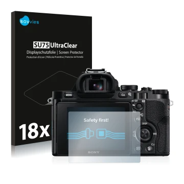 Parte frontale di una confezione del prodotto con il logo del marchio Savvies. Accanto è raffigurato il dispositivo Sony Alpha