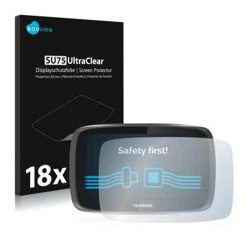 Parte frontale di una confezione del prodotto con il logo del marchio Savvies. Accanto è raffigurato il dispositivo TomTom GO 