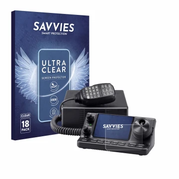 Parte frontale di una confezione del prodotto con il logo del marchio Savvies. Accanto è raffigurato il dispositivo Icom IC-71