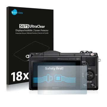 Parte frontale di una confezione del prodotto con il logo del marchio Savvies. Accanto è raffigurato il dispositivo Sony Alpha