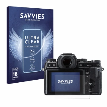Parte frontale di una confezione del prodotto con il logo del marchio Savvies. Accanto è raffigurato il dispositivo Fujifilm X
