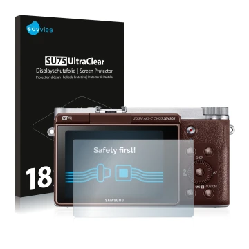 Parte frontale di una confezione del prodotto con il logo del marchio Savvies. Accanto è raffigurato il dispositivo Samsung NX